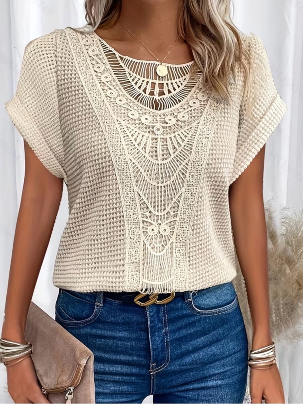 Women's Cream Crochet-Detail Short Sleeve Knit Top - Picture 2 of 8